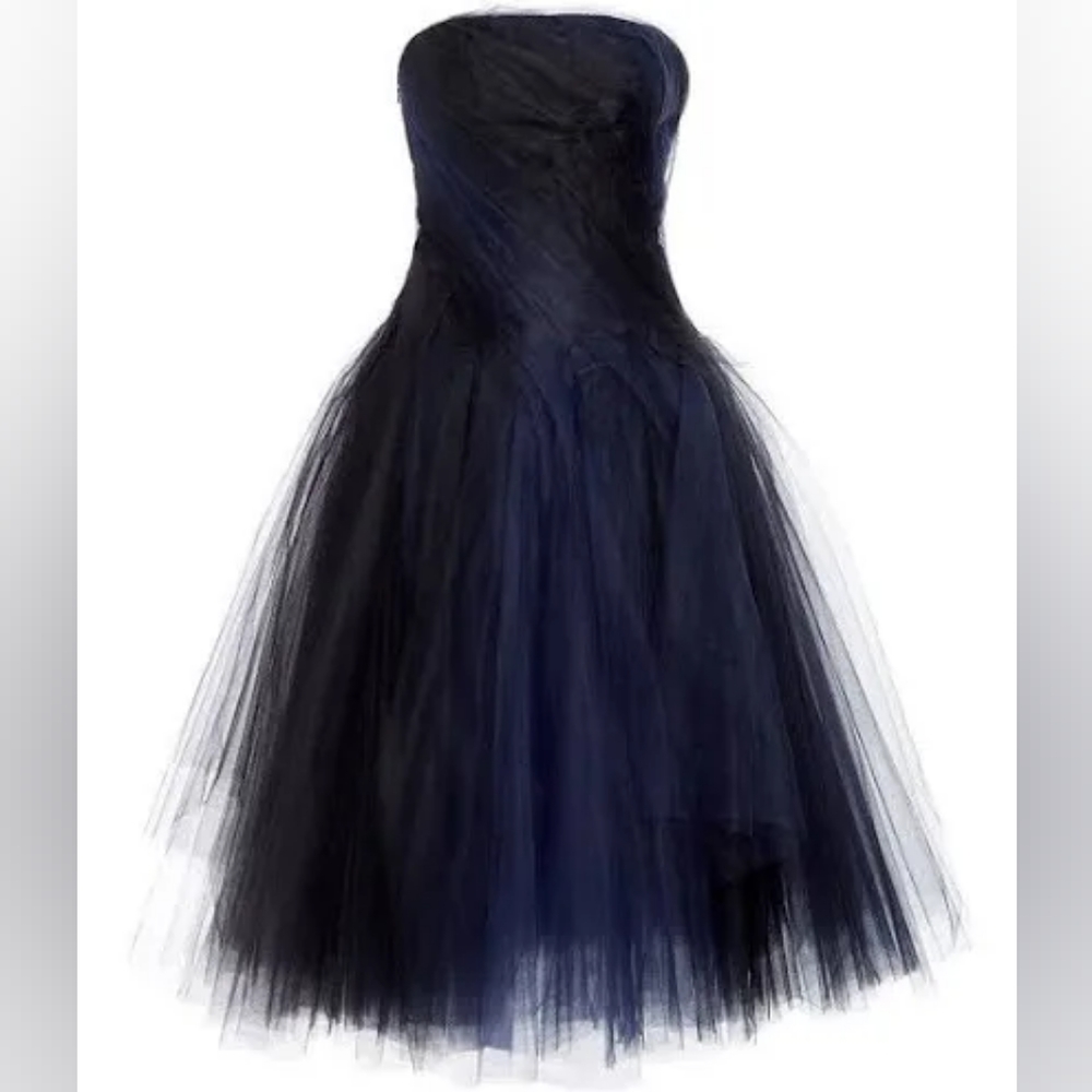 $5,700 OSCAR DE LA RENTA EXCLUS SILK LINED BLUE BLACK TULLE RUNWAY DRESS US 0 - Picture 4 of 13